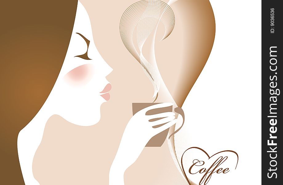 The background with image a girl with capof coffee. The background with image a girl with capof coffee