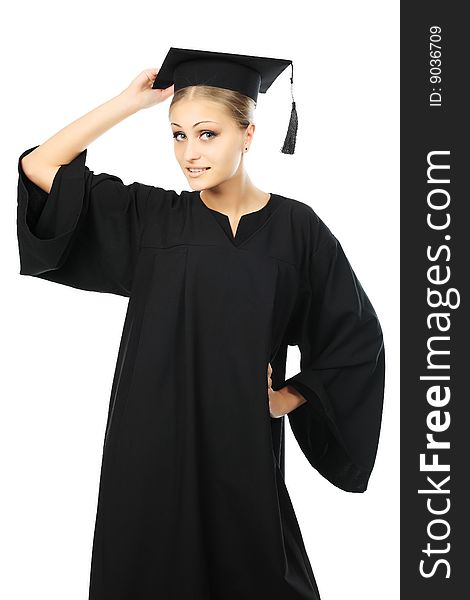 Portrait of a young woman in an academic gown. Educational theme. Portrait of a young woman in an academic gown. Educational theme.