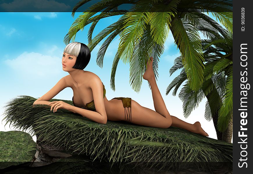 Beautiful girl lying on thу grass under palms. Beautiful girl lying on thу grass under palms