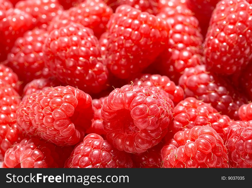 Fresh raspberries closeup  - foreground sharp