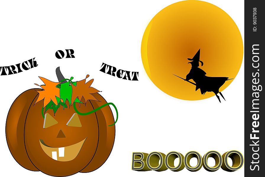 Halloween elements on white with witch and pumpkins. Halloween elements on white with witch and pumpkins