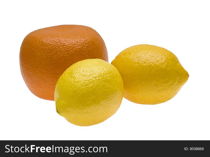 One orange and two lemons lying together on isolated white background