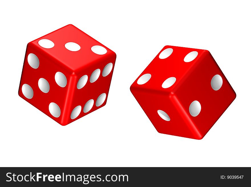 An illustration of two red dice with white spots isolated. An illustration of two red dice with white spots isolated