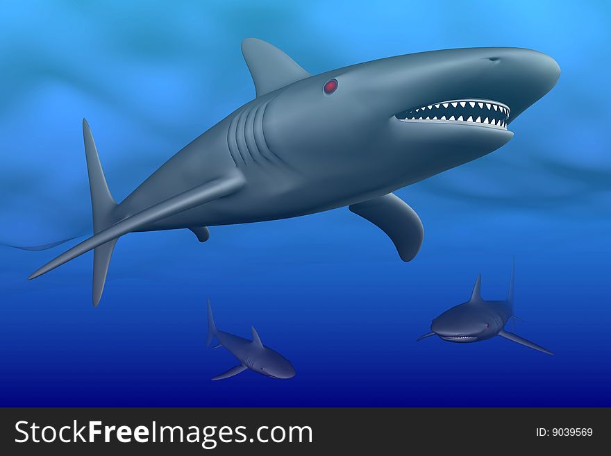 A dark digital illustration of sharks in the ocean or sea. A dark digital illustration of sharks in the ocean or sea