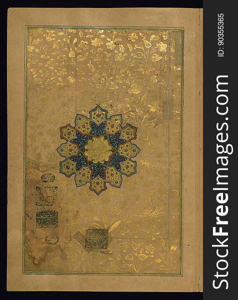 This is a deluxe copy of the Khamsah &#x28;quintet&#x29; of AmÄ«r Khusraw DihlavÄ« &#x28;d. 725 AH / 1325 CE&#x29;. The manuscript was written in nastaÊ¿lÄ«q script by one of the greatest calligraphers of the Mughal atelier, Muá¸¥ammad á¸¤usayn al-KashmÄ«rÄ«, honored with the epithet ZarrÄ«n Qalam &#x28;golden pen&#x29;. This copy of DihlavÄ«&#x27;s Khamsah, likely produced in Lahore &#x28;present-day Pakistan&#x29; in the late tenth century AH / sixteenth CE, is associated with the patronage of Akbar &#x28;r. 963-1014 AH / 1556-1605 CE&#x29;. The manuscript bears the names of a number of painters and illuminators. The illustrations bear ascriptions to the following artists: LaÊ¿l &#x28;LÄl&#x29;, ManÅ«har, SÄnwalah, Farrukh, AlÄ«qulÄ«, DharamdÄs, Narsing, JagannÄth, MiskÄ«nÄ, Mukund, and SÅ«rdÄs GujarÄtÄ«. The illuminators are á¸¤usayn NaqqÄsh, Maná¹£Å«r NaqqÄsh, KhvÄjah JÄn ShÄ«rÄzÄ«, and Luá¹­f AllÄh Muáº•ahhib. The borders are all elaborately illuminated with animal, bird, and geometric motifs, as well as human figures engaged in such activities as hunting, praying, and reading. The lacquer binding, decorated with pictorial scenes, is contemporary with the manuscript. Eight leaves from this copy of the Khamsah of DihlavÄ« are housed in the Metropolitan Museum of Art &#x28;13.228.26-33&#x29;. This illuminated frontispiece has a central twelve-pointed star &#x28;shamsah&#x29;. The page is further decorated with floral motifs executed in gold. There are five seals. This is a deluxe copy of the Khamsah &#x28;quintet&#x29; of AmÄ«r Khusraw DihlavÄ« &#x28;d. 725 AH / 1325 CE&#x29;. The manuscript was written in nastaÊ¿lÄ«q script by one of the greatest calligraphers of the Mughal atelier, Muá¸¥ammad á¸¤usayn al-KashmÄ«rÄ«, honored with the epithet ZarrÄ«n Qalam &#x28;golden pen&#x29;. This copy of DihlavÄ«&#x27;s Khamsah, likely produced in Lahore &#x28;present-day Pakistan&#x29; in the late tenth century AH / sixteenth CE, is associated with the patronage of Akbar &#x28;r. 963-1014 AH / 1556-1605 CE&#x29;. The manuscript bears the names of a number of painters and illuminators. The illustrations bear ascriptions to the following artists: LaÊ¿l &#x28;LÄl&#x29;, ManÅ«har, SÄnwalah, Farrukh, AlÄ«qulÄ«, DharamdÄs, Narsing, JagannÄth, MiskÄ«nÄ, Mukund, and SÅ«rdÄs GujarÄtÄ«. The illuminators are á¸¤usayn NaqqÄsh, Maná¹£Å«r NaqqÄsh, KhvÄjah JÄn ShÄ«rÄzÄ«, and Luá¹­f AllÄh Muáº•ahhib. The borders are all elaborately illuminated with animal, bird, and geometric motifs, as well as human figures engaged in such activities as hunting, praying, and reading. The lacquer binding, decorated with pictorial scenes, is contemporary with the manuscript. Eight leaves from this copy of the Khamsah of DihlavÄ« are housed in the Metropolitan Museum of Art &#x28;13.228.26-33&#x29;. This illuminated frontispiece has a central twelve-pointed star &#x28;shamsah&#x29;. The page is further decorated with floral motifs executed in gold. There are five seals.