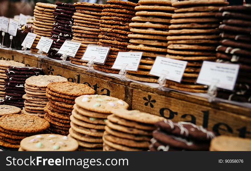 Stacks of cookies or biscuits in a bakery.