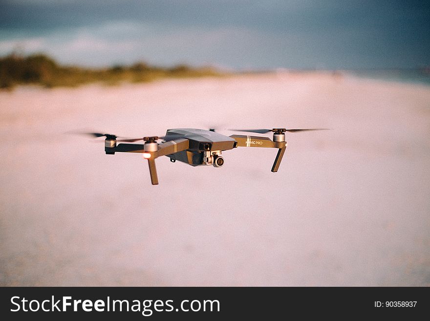 A quadcopter hovering in mid-air.