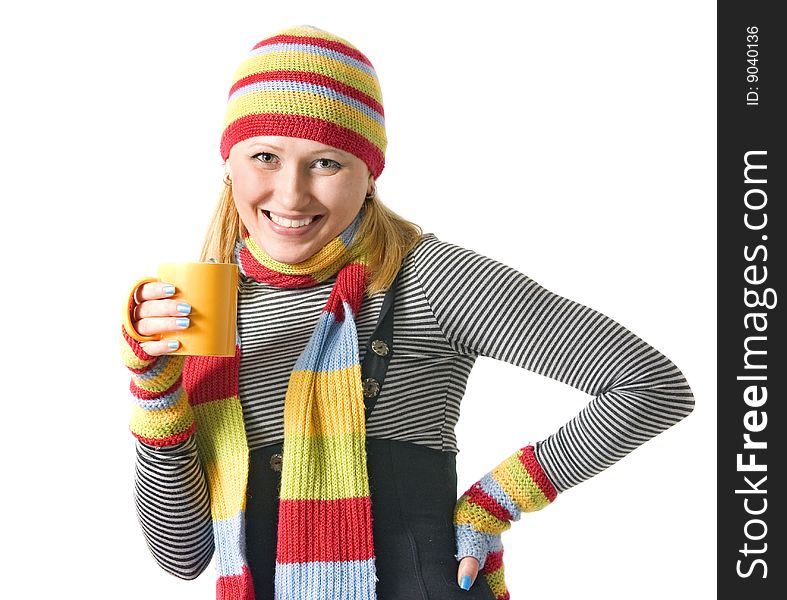 Winter girl with cup of hot tea