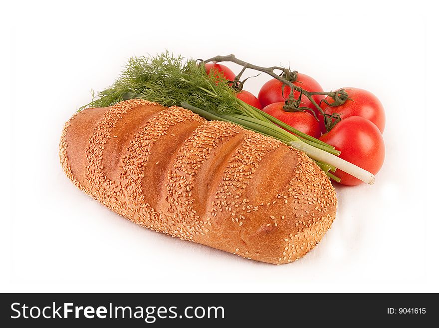 Brown bread, green dill and red tomato. Isolated on white. Brown bread, green dill and red tomato. Isolated on white.