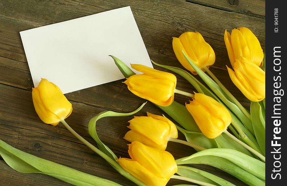 Bouquet of yellow tulips with blank card on old wooden boards