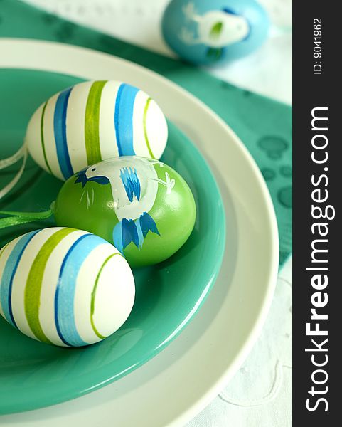 Easter eggs with ornament on a plate. Easter eggs with ornament on a plate