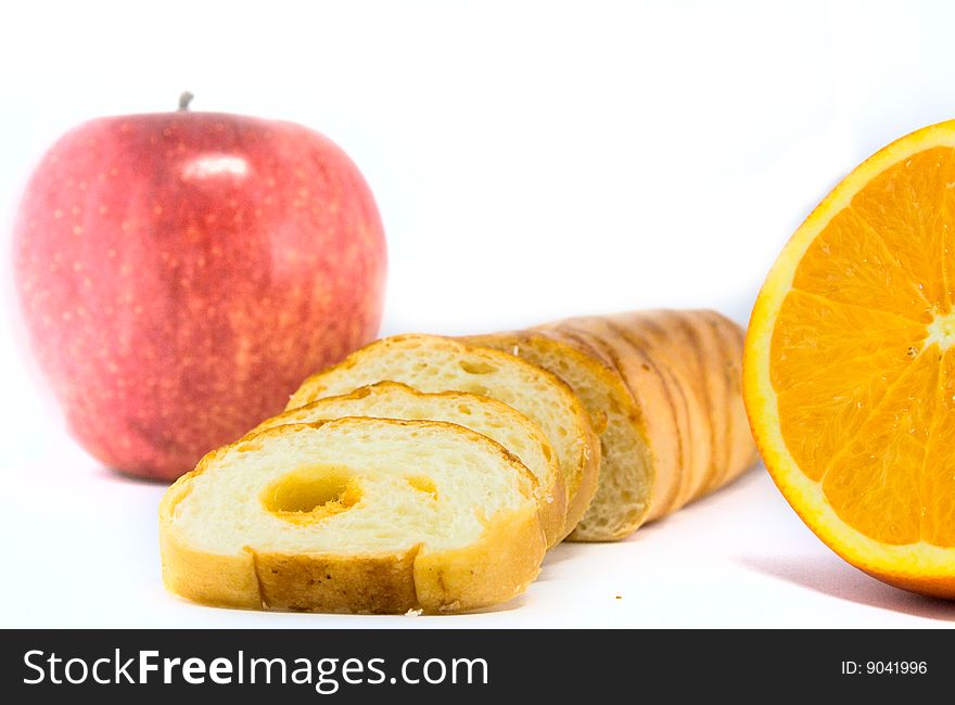 Fruits and bread with white background. Fruits and bread with white background