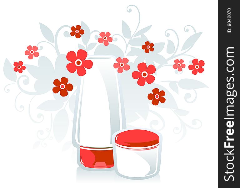 Cosmetic tubes and flowers on a white background. Cosmetic tubes and flowers on a white background.