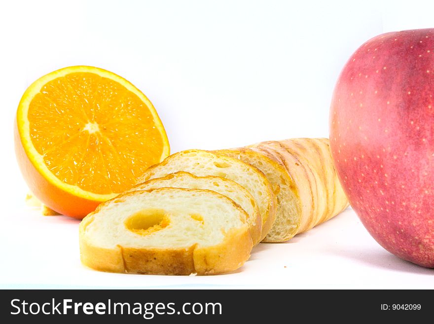 Bread and fruits wiith white background. Bread and fruits wiith white background