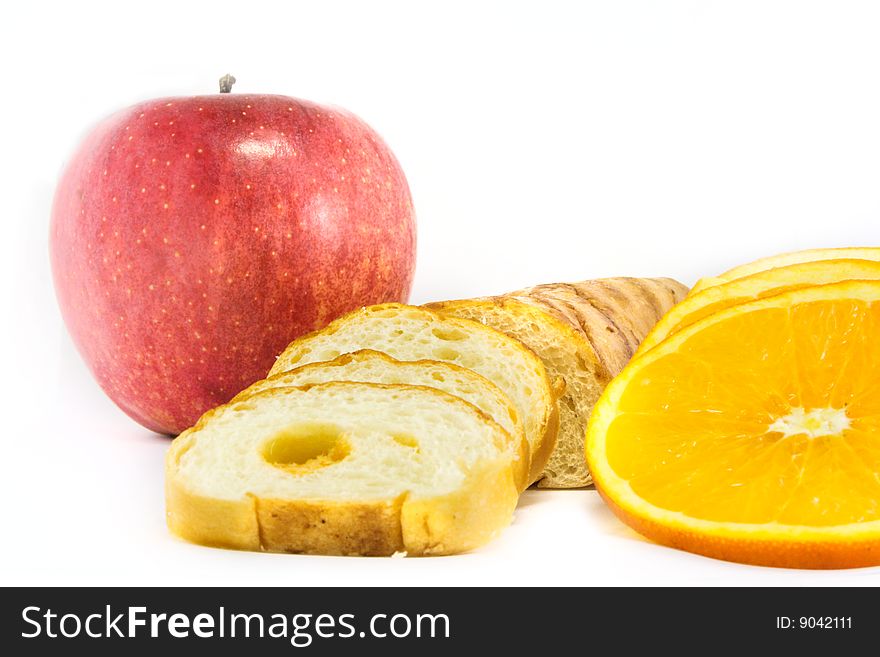 Bread - Orange - Apple with white background. Bread - Orange - Apple with white background