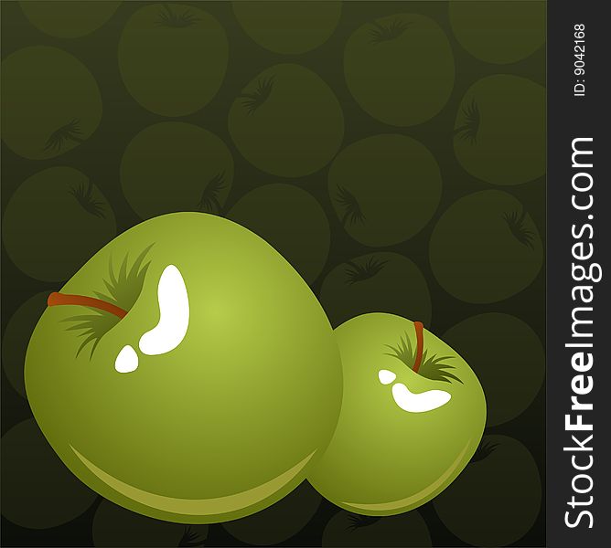 Two green apples on a dark background with fruit silhouettes.
