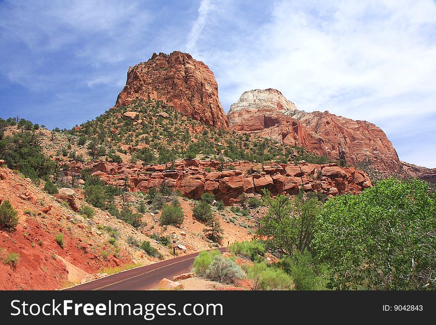 View of the road through Zion NP. View of the road through Zion NP