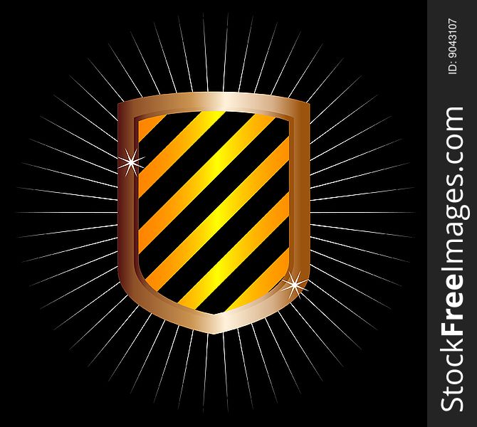 Glossy metal frame shield emblem on black background. Glossy metal frame shield emblem on black background