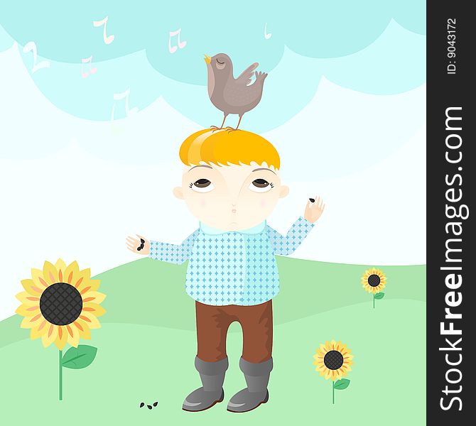 Vector illustration. Boy with sunflower seeds andsinging bird. Vector illustration. Boy with sunflower seeds andsinging bird.