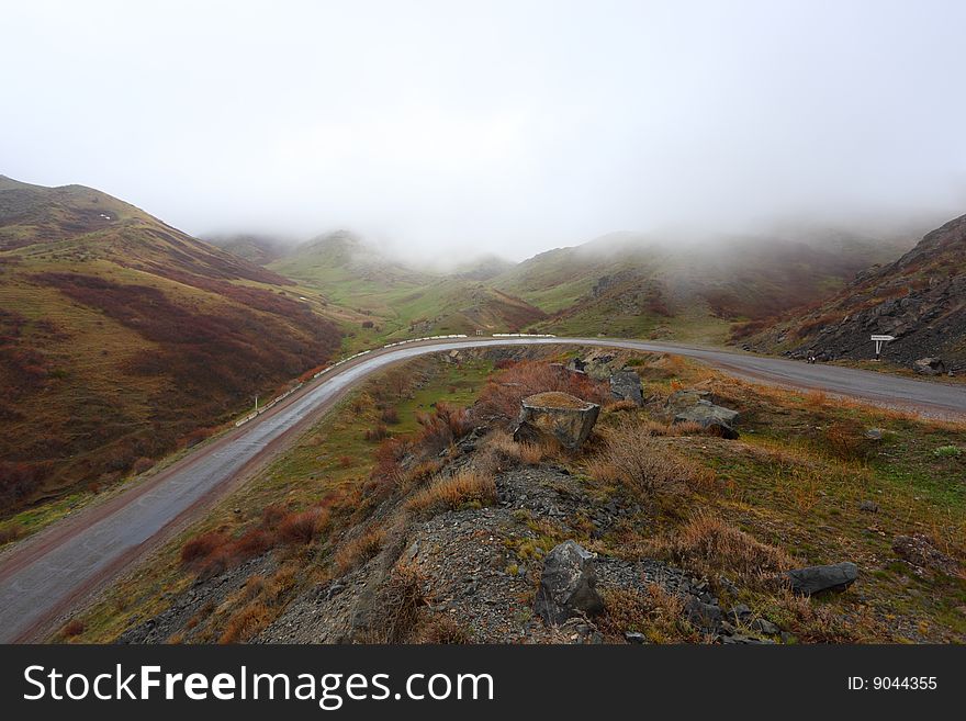 Fog on highly-mountain pass