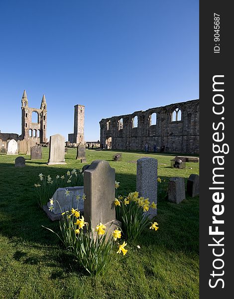 Part of the cemetary and cathedral ruins in St Andrews, Scotland. Part of the cemetary and cathedral ruins in St Andrews, Scotland.