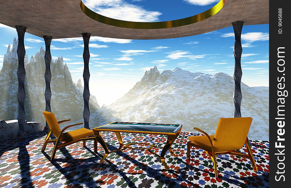 Scene chair and table on background of the mountains