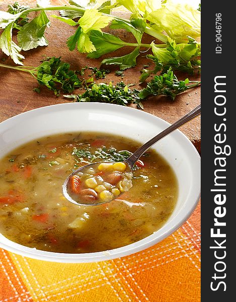 Vegetable soup in white plate for meal