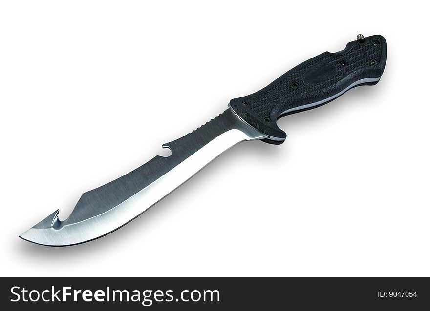 A knife with a replaceable blade, and black plastic handle on a white background. A knife with a replaceable blade, and black plastic handle on a white background