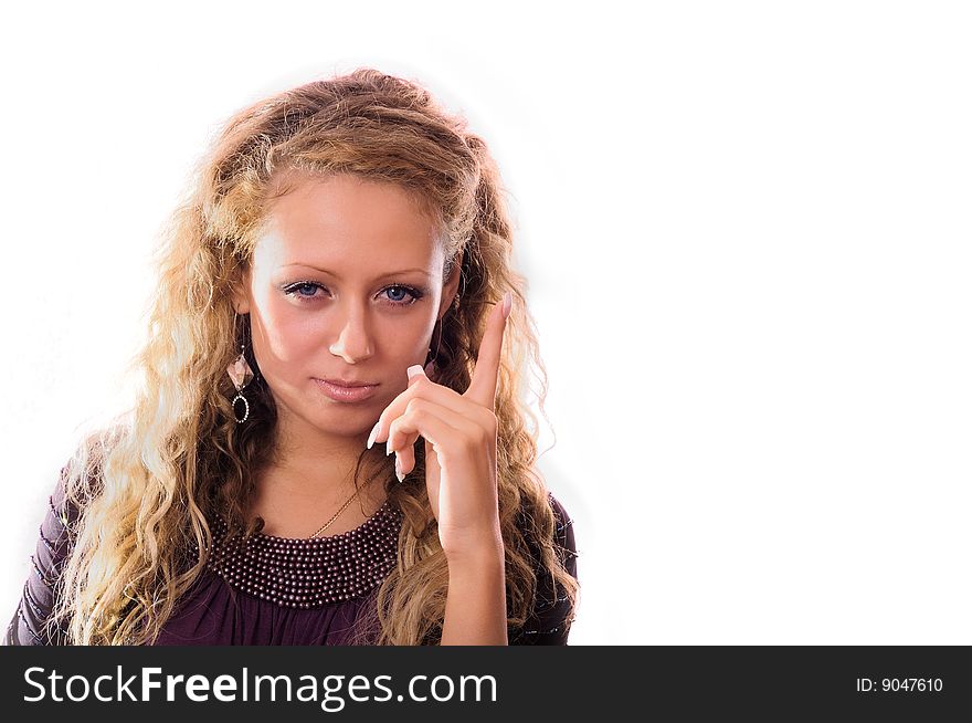 The portrait of the beautiful girl showing gesture, symbolising idea