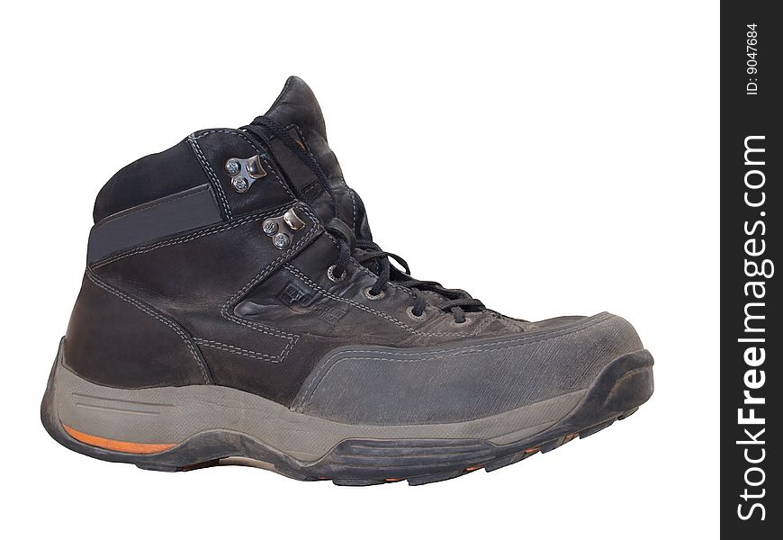 Color photo of an old work shoes. Isolated on a white background. Color photo of an old work shoes. Isolated on a white background.