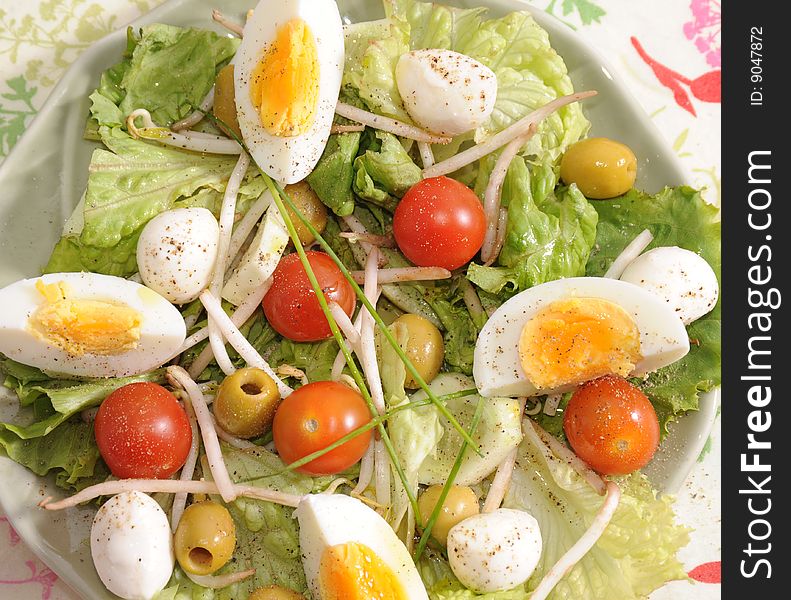 Salad of tomatoes, soia, olives and cucumbers. Salad of tomatoes, soia, olives and cucumbers