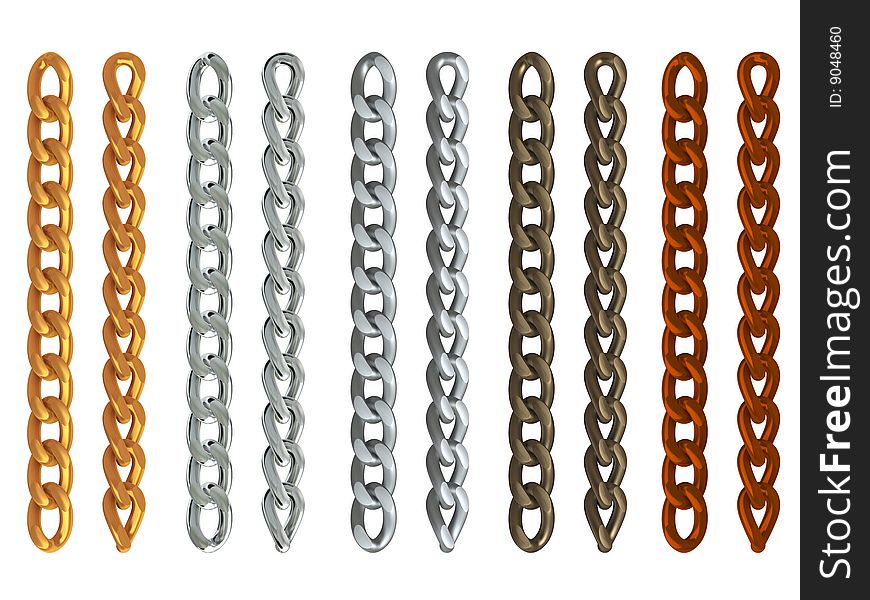 3d rendered gold, aluminum, silver, copper and brown metal chains isolated on white. 3d rendered gold, aluminum, silver, copper and brown metal chains isolated on white