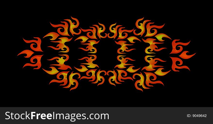 Orange and yellow fire tattoo on the black background