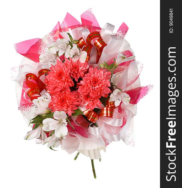 Big wedding bouquet with orchid and chrysanthemum, isolated on white