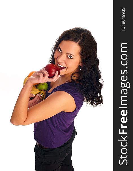 Young beautiful girl with fruit isolated