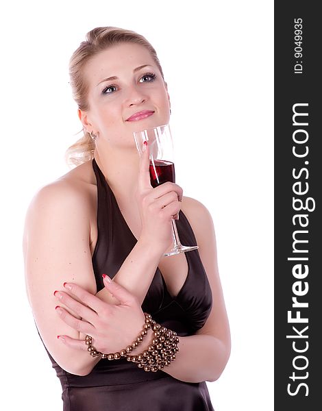 Woman in brown dress with a glass of wine on a white background. Woman in brown dress with a glass of wine on a white background