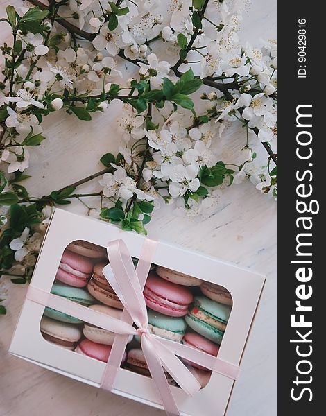 A box of colorful macarons with a branch of an apple tree. A box of colorful macarons with a branch of an apple tree.