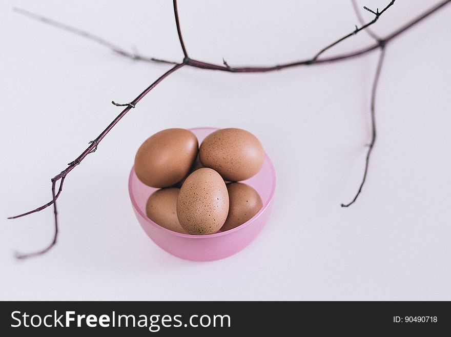 A cup of hen's eggs with a branch on white background. A cup of hen's eggs with a branch on white background.