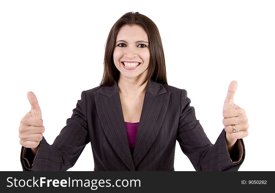 A business woman is giving thumbs up with both hands. A business woman is giving thumbs up with both hands