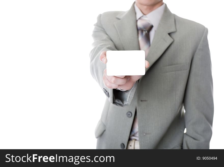 The businessman showing an empty credit card on a white background