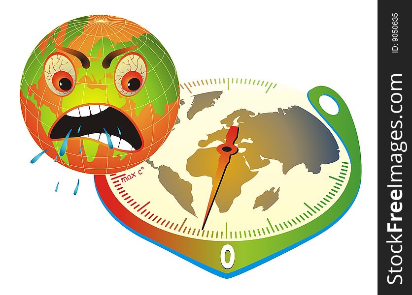 Cartoon illustration with angry globe and thermometer in clock form depicting global warming. Cartoon illustration with angry globe and thermometer in clock form depicting global warming.