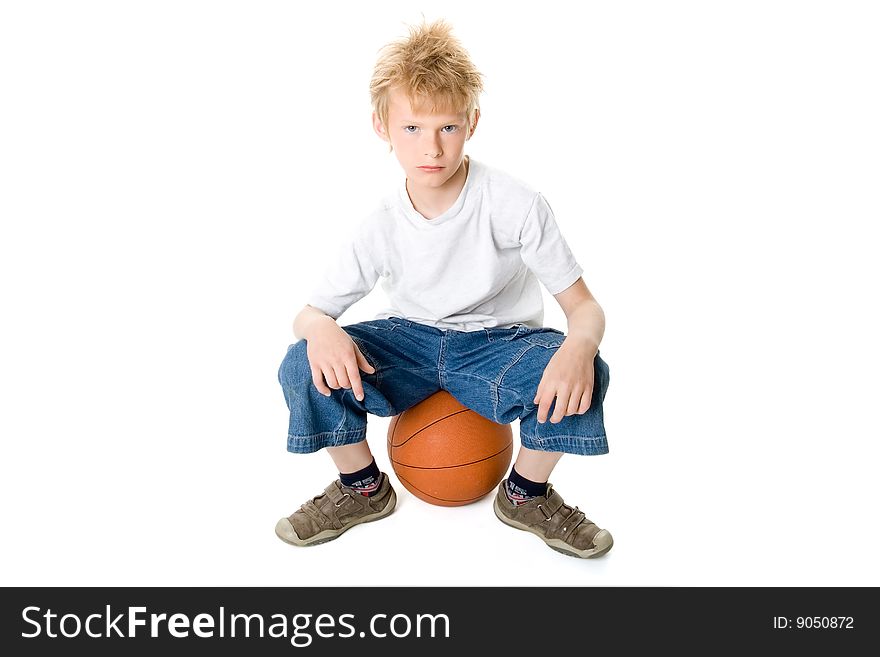 Young basketball player on a white background