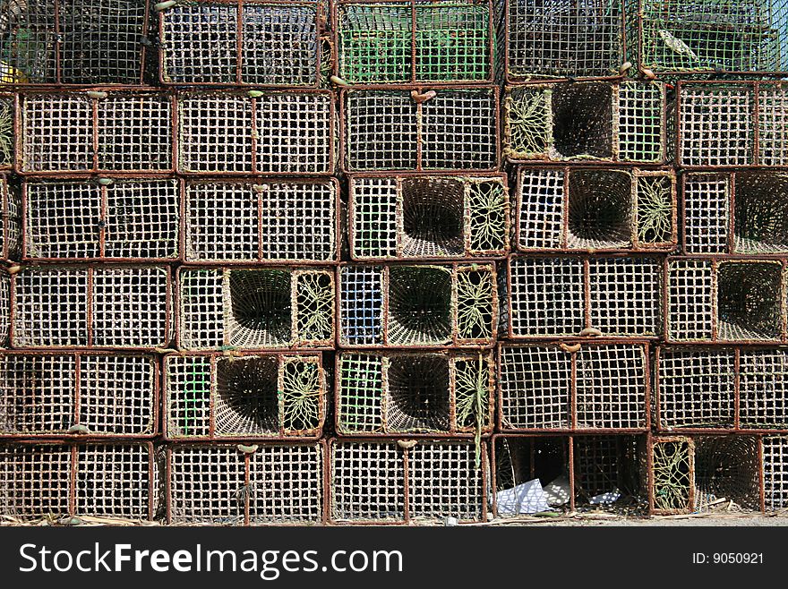 Seafood cages on a harbor