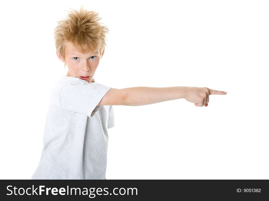 The boy shows to the right on a white background
