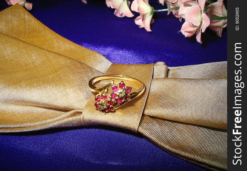 Beautiful flower designed ring on display. Beautiful flower designed ring on display.