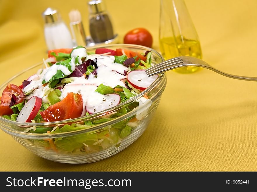 Fresh mixed salad with dressing,eggs,cucumber,radish. Fresh mixed salad with dressing,eggs,cucumber,radish.