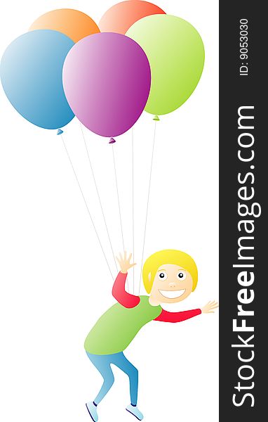 Happy boy flying on balloons