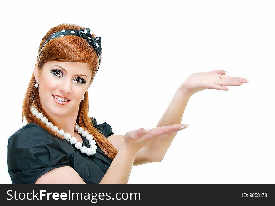 Young woman showing something on white background. Young woman showing something on white background