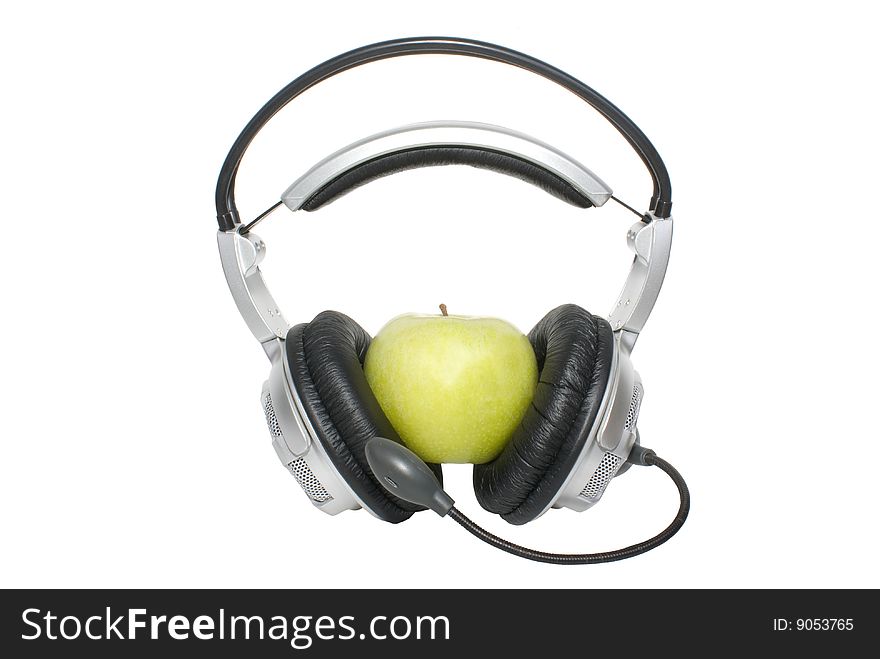 Apple in earphone insulated on white background. Apple in earphone insulated on white background
