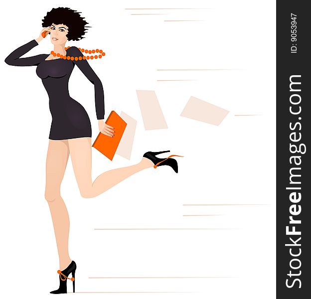 The running woman with phone and a folder with documents. The running woman with phone and a folder with documents